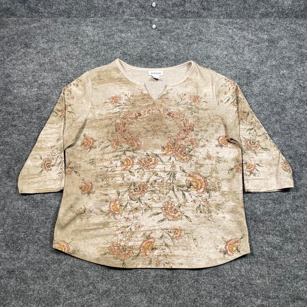 Avenue Womens Plus 14/16 Tan Floral Split Neck 3/4 Sleeve Knit Top
